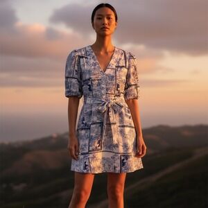 Joie Blue White Tropical Toile Print Mini Dress Short Puff Sleeve‎ NWT Size 8
